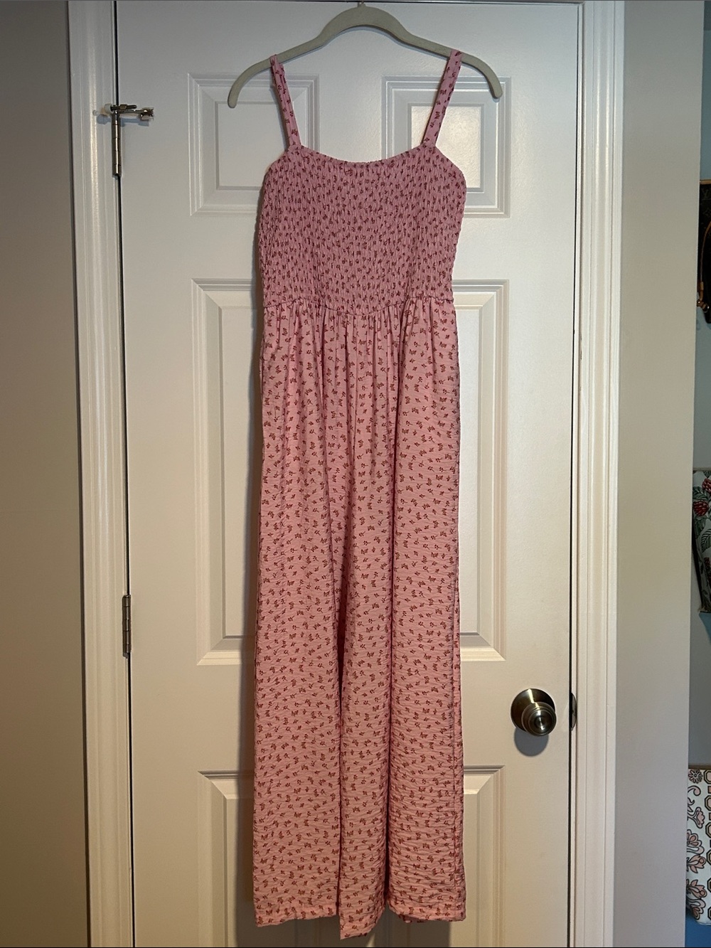 EUC Lily Rose Pink Ditsy Floral Smocked Jumpsuit Junior's Size Large